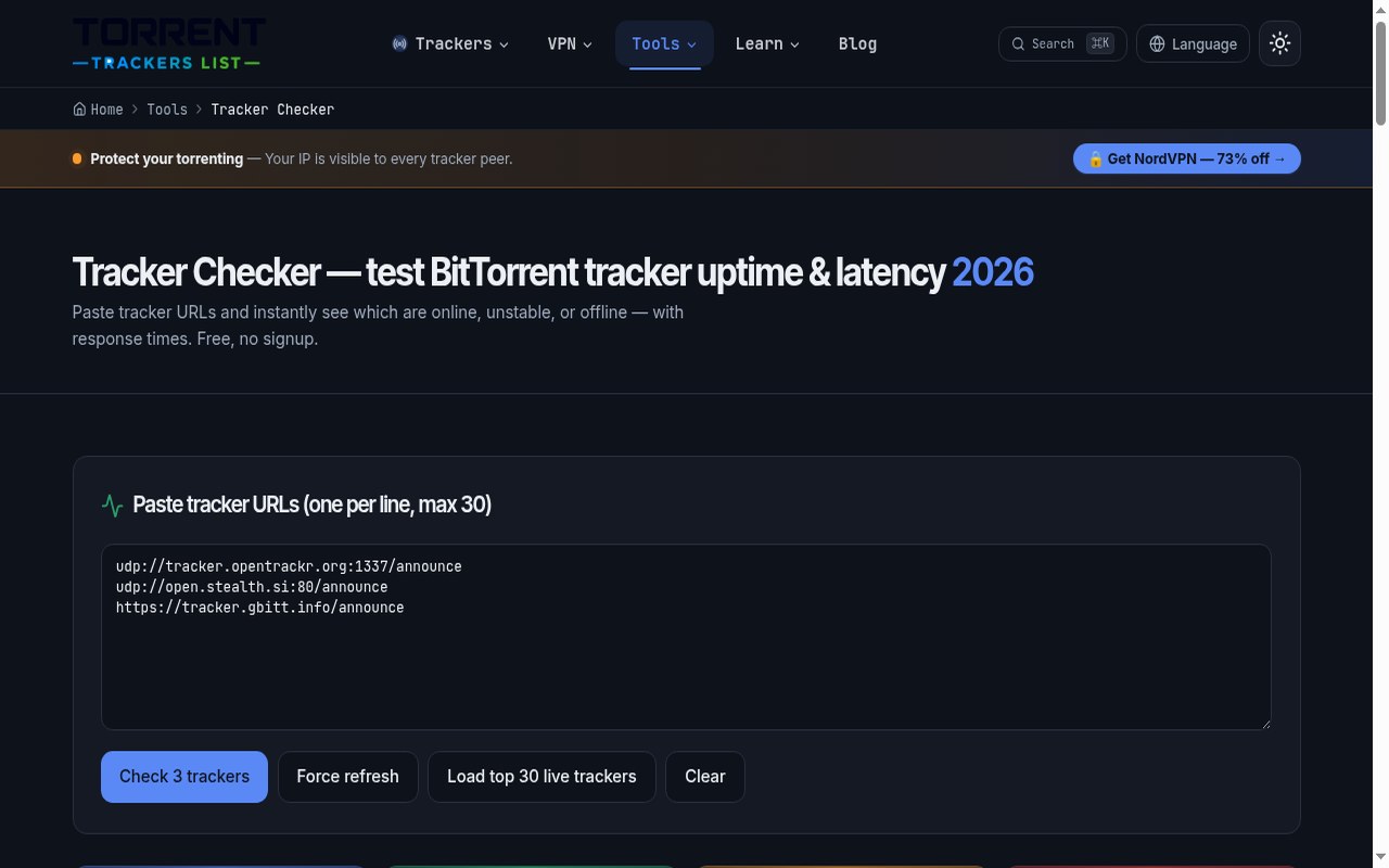Tracker Checker 2026 — Live BitTorrent Tracker Uptime Tool
